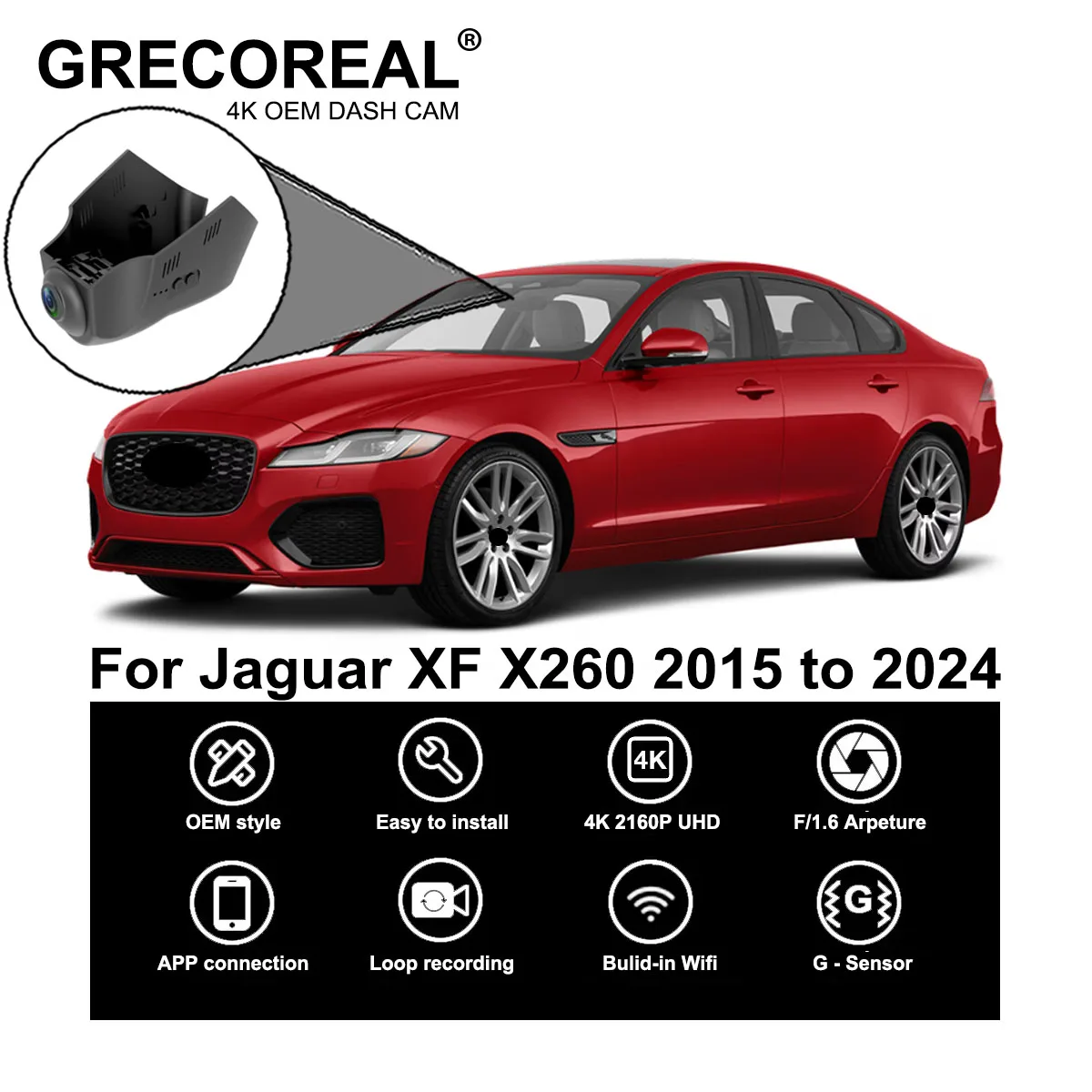 

GRECOREAL 4K Dash Cam Front and Rear 2160P WiFi Car Dual Camera Dashcam Easy Install Plug Play Compatible with Jaguar XF X260