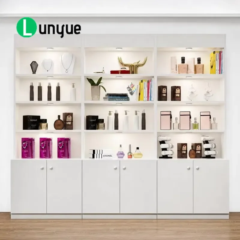 White LED Display Stand for Beauty Perfume Cosmetics Storage Cabinet Retail Store Showcase Shelf with Light