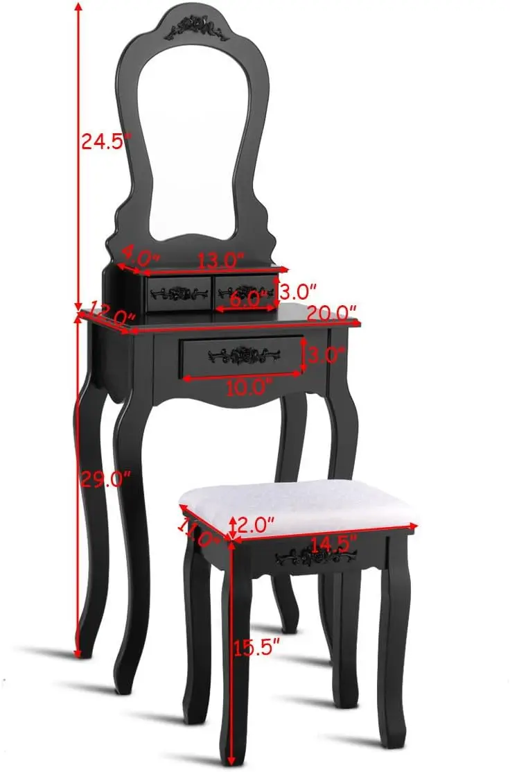 バスルームバニティ木製化粧ドレッシングテーブルスツールセットミラー付き (ブラック)