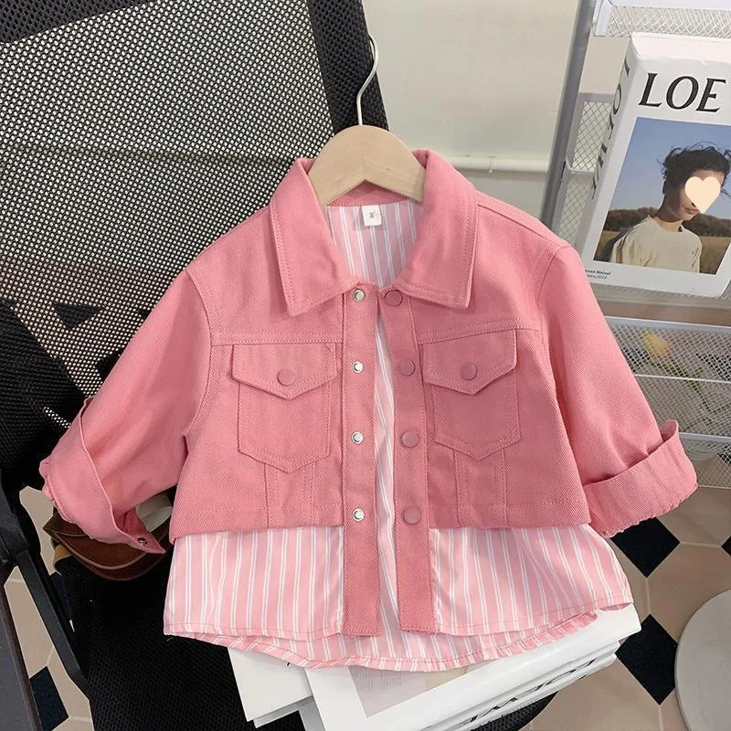 Girls\' pink striped patchwork denim jacket Big bow on back  A casual fall jacket girl\'s blouse girls blouse Cute coat for girls