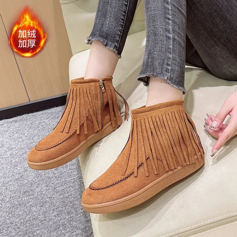 

Woman Princess Boots Fashion Femal Ankle Boots Flock Fabric Warm Thick Fur with Side Zipper Tassels 2024 Autumn Winter Brand New