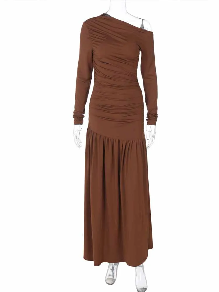 MCDV 秋 長袖 ラッフル セクシー マキシドレス レディース 斜め肩 エレガント 無地 Aライン ボディコン イブニング パーティー ドレス ガウン 2025