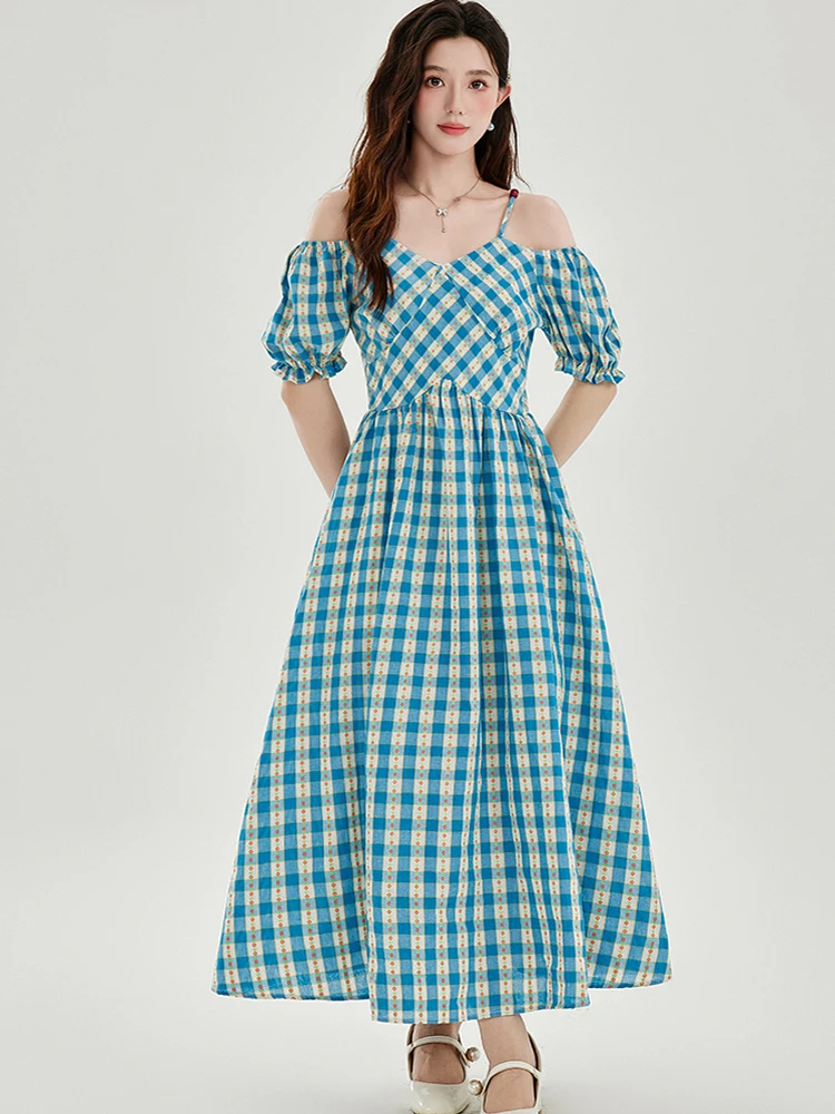 

Summer New Sexy Off Shoulder Short Sleeve Casual Plaid A-Line Dress For Women V-Neck Vintage Slim Holiday Party Midi Dress