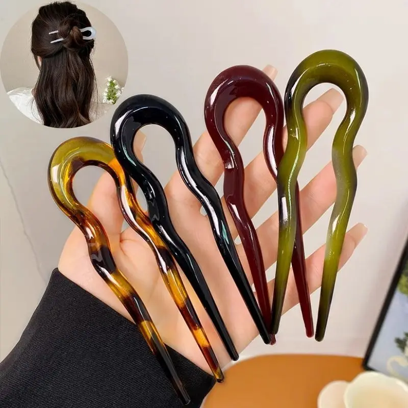 U-Shaped Hair Fork Fashion Tortoiseshell Acetate Acrylic Hairpin Geometric Design Headwear Hair Sticks Women Girls 2024