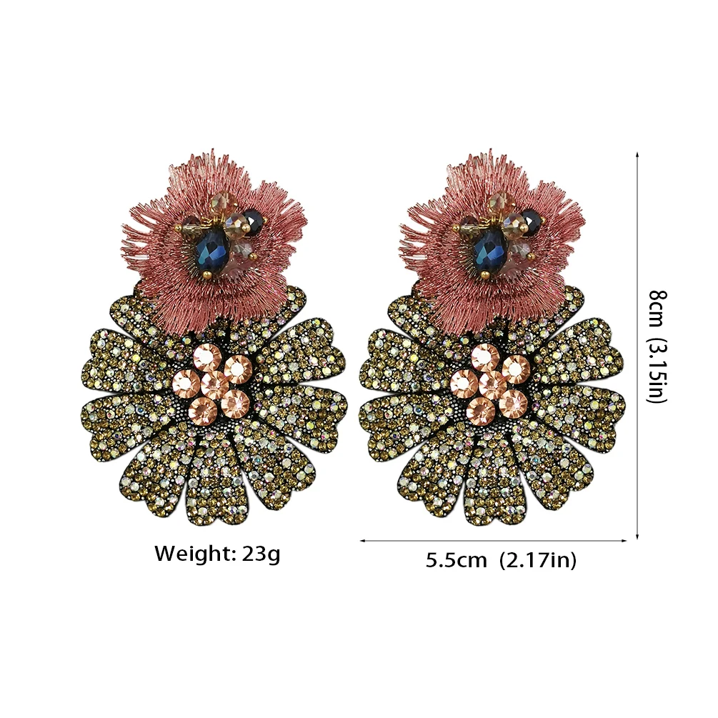 Big Rhinestones Flower Drop Earrings For Women Statement Crystal Dangle Earring Fashion Party  Jewelry Pink Accessories