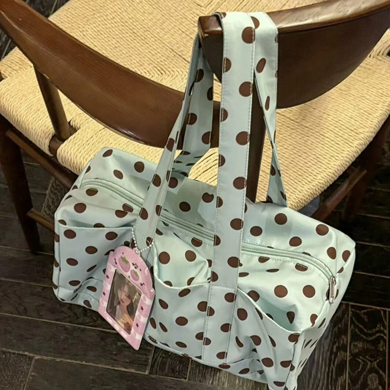 

Korean Mint Green Polka Dot Tote Bag, Large Capacity Zippered Canvas Shoulder Purse,Casual Soft Handbag for Daily Commute&Travel