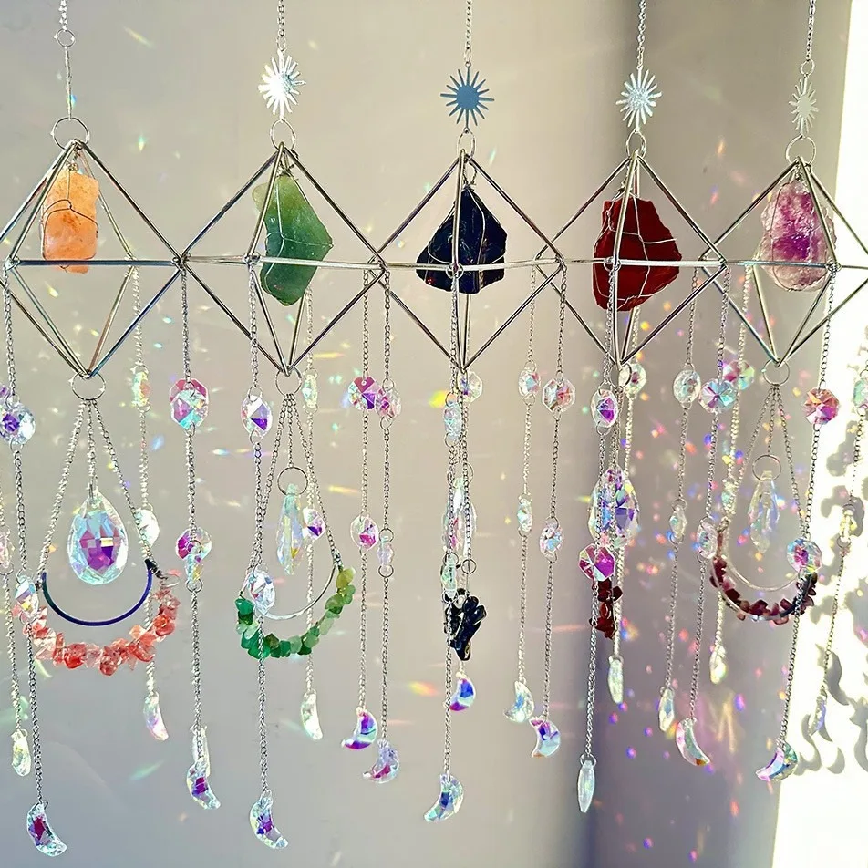 wholesale light spinning natural quartz k9 lustre for window with hanging suncatcher Stone moon dream prism crystal sun catcher