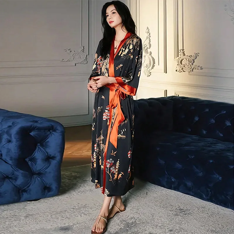 

Chinese Style Retro New Chinese Elegant Loose Mid-Length Kimono Cardigan Tie-Up Nightgown Bathrobe Beach Cover-Up Sun Protection Clothing Long Top