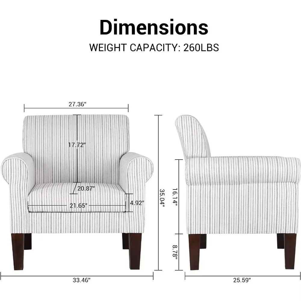 Silla de café moderna a rayas Sillón cómodo tapizado en lino, cómodo sillón de lectura con asiento acolchado