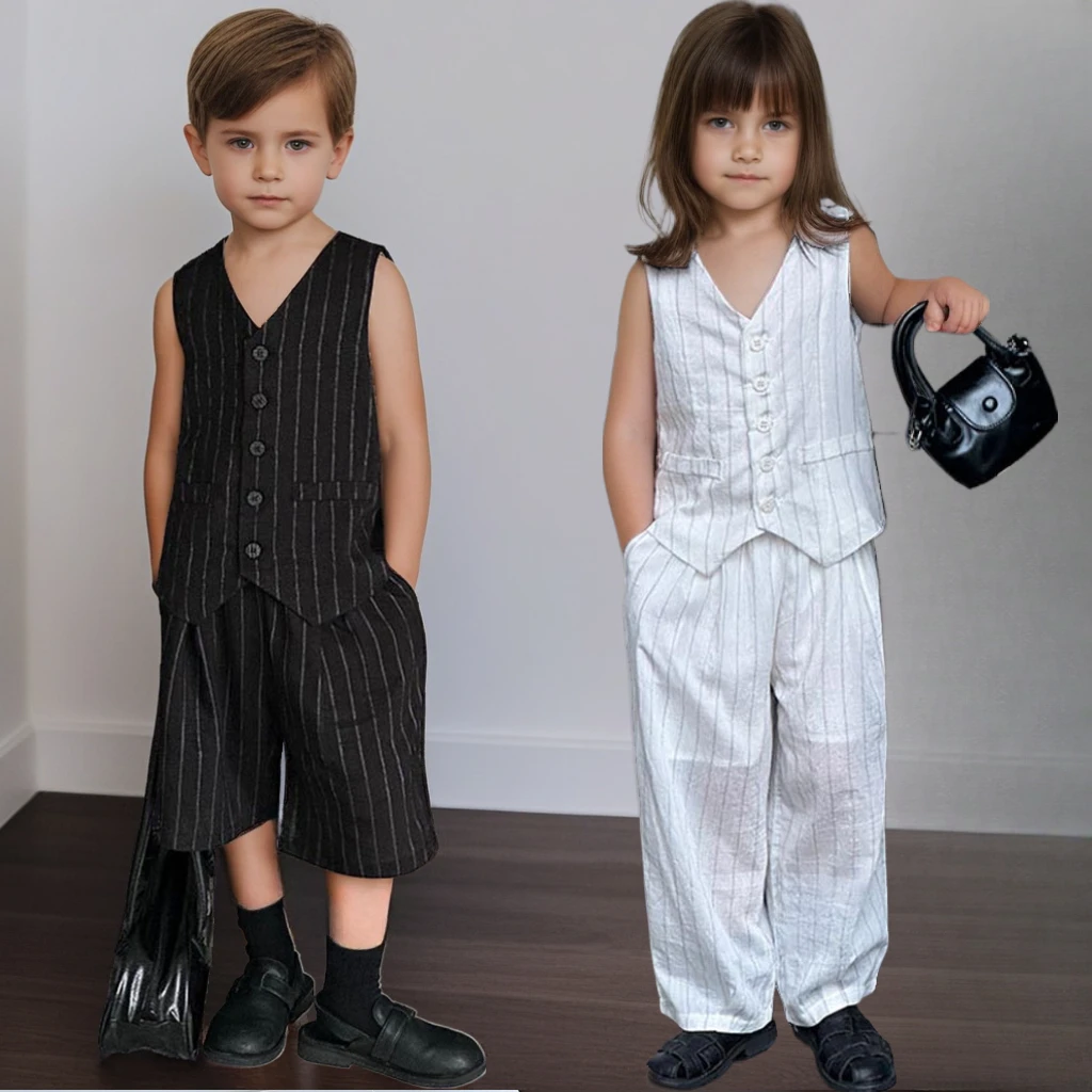 

Boys Girls Clothes Set Summer Thin Black White Striped Vest Trousers Shorts 2 Pieces Casual Teens Kids Boutique Outfits 6 8 10 Y