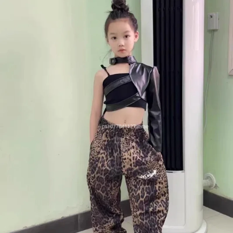 Girls' Jazz Dance Costume Black Strap Black Leather Half Sleeve Leopard Pattern Pants Girls' Street Dance Show Costume Set