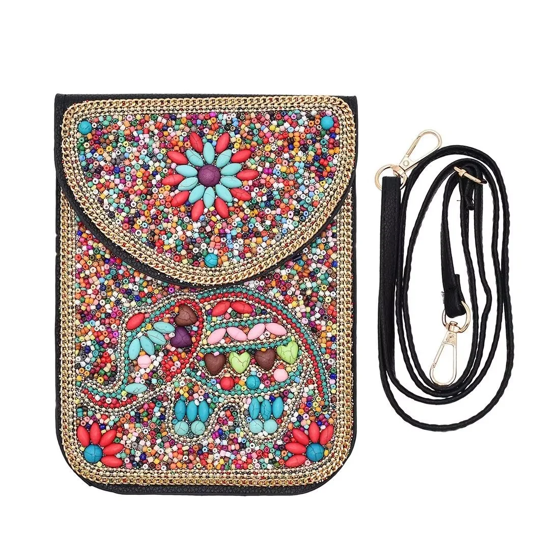 

Национальный узор слона, расшитая бисером сумка для телефона ручной работы, женская этническая кожаная сумка через плечо в стиле бохо в стиле ретро для туристического фестиваля