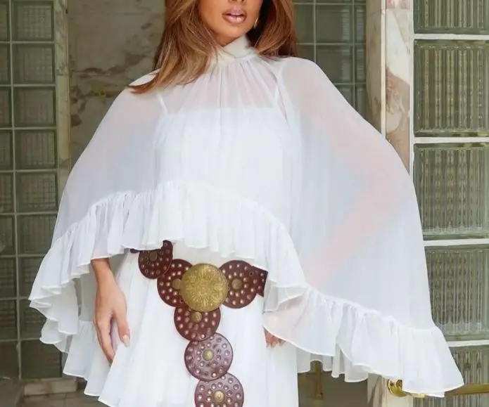 Women s Ruffle Pullover Ponchos Fashionable Solid Color Sheer Baggy Tops Shawl Wraps for Outdoor Travel