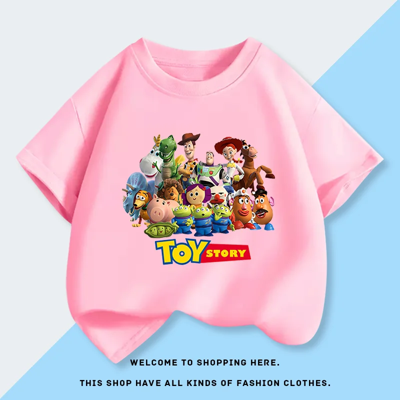 2025 قصة لعبة مطبوعة موضة الأطفال تي شيرت قصير الأكمام جديد الصيف الأولاد القطن الخالص ملابس الأطفال