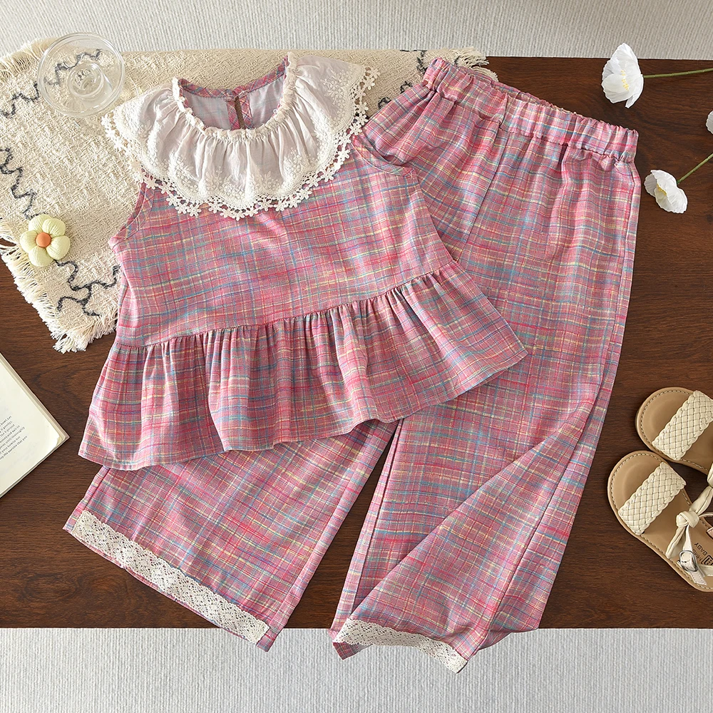 Rosa Kinderkleidung Mädchen Süße Spitze Patchwork Mädchenbekleidung Sommer Neues Ärmelloses Kariertes Bedrucktes Top + Hose Zweiteiliges Set – Detail 2