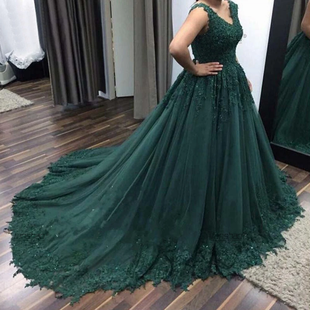 

Green V Neck Tank Prom Dress Sleeveless Ball Gown Appliques Sequin Beads Tulle Formal Evening Robe De Soiree فساتين السهرة