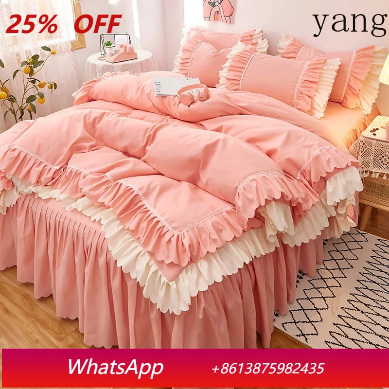 

Pink lace frills bedding set luxury bed skirt sheet set