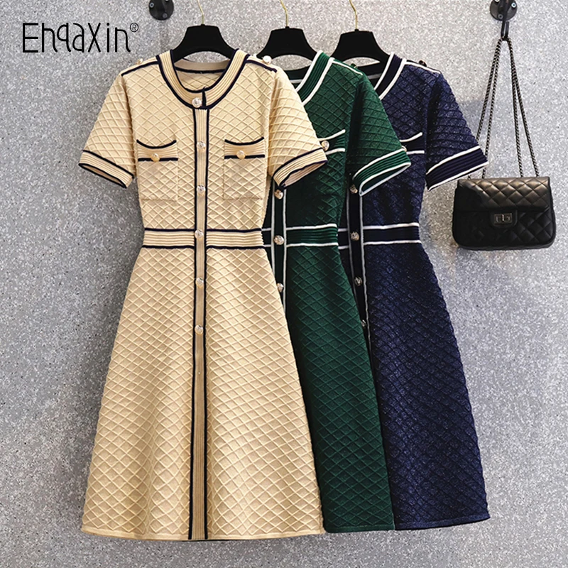 

EHQAXIN 2022 Summer New Women's Dress Single-Breasted Bright Silk Waist Fashion Short-Sleeved Dresses Small Fragrance L-4XL