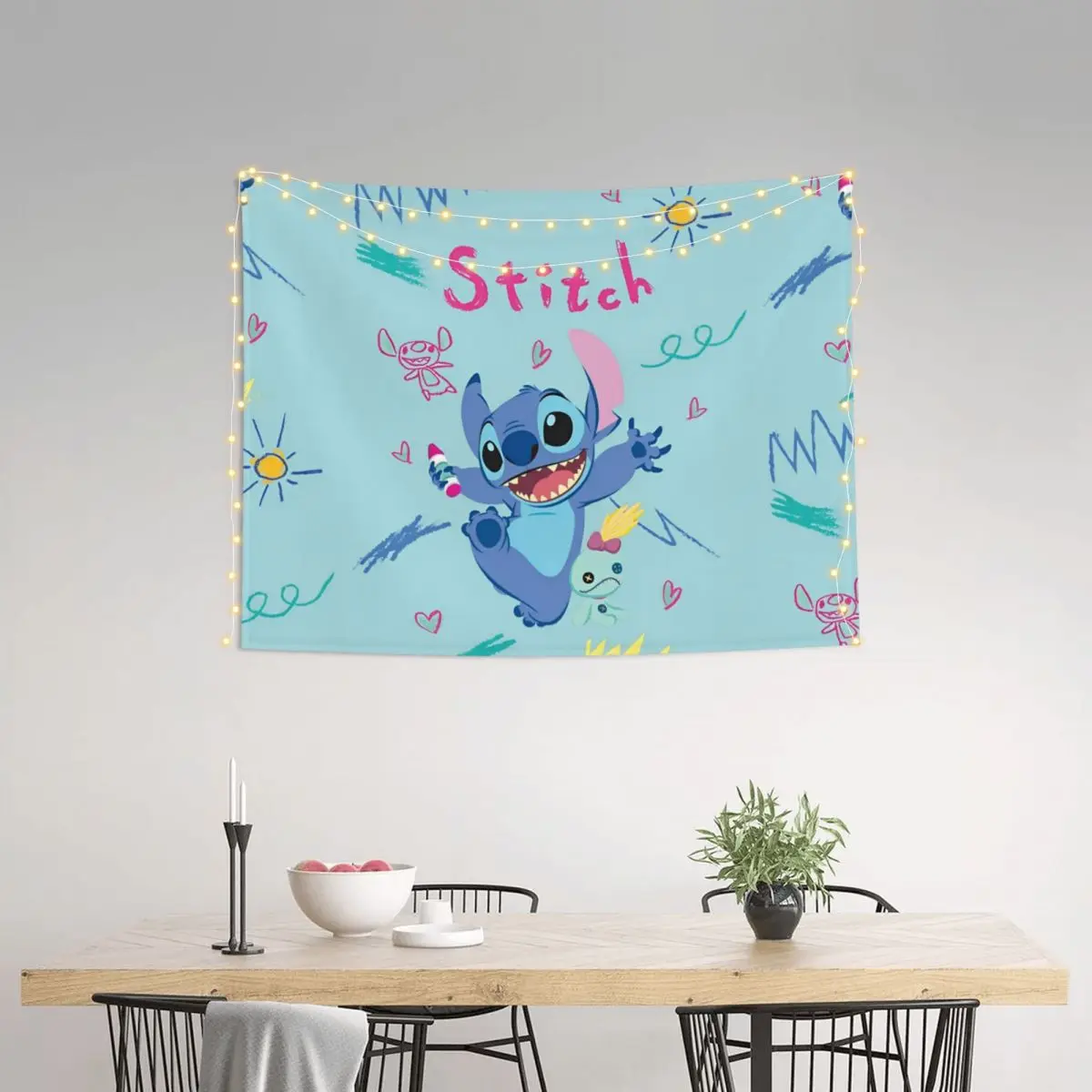 Lilo e Stitch Wall Hanging Tapeçaria, Tecido Hippie, Decoração Boho, Decoração do quarto, Yoga Mat, Bonito