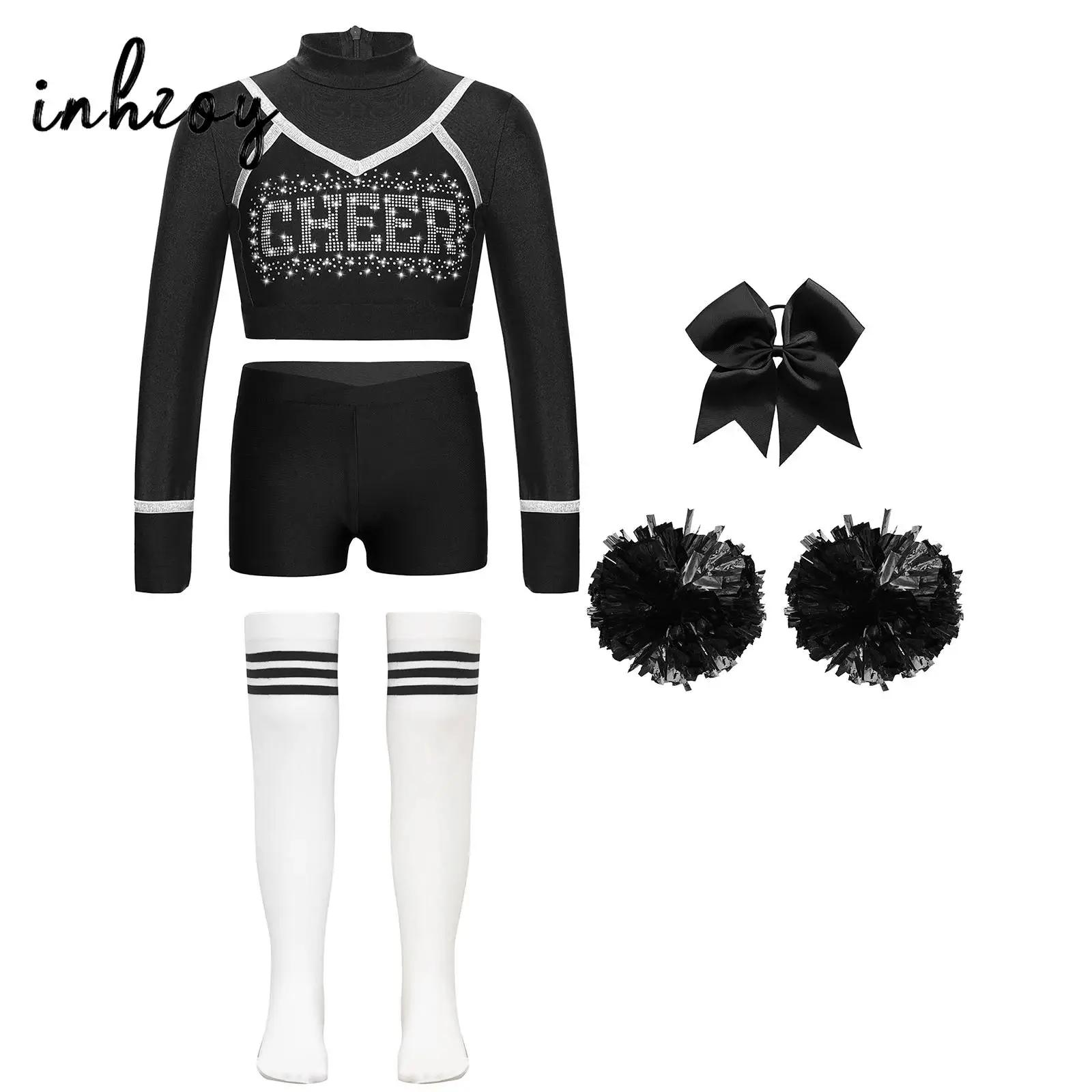 

Girls Cheerleading Outfit Rhinestone Letter Long Sleeve Crop Top Waistband Shorts 1Pcs Headwear 2Pcs Flower Balls 1 Pair Socks