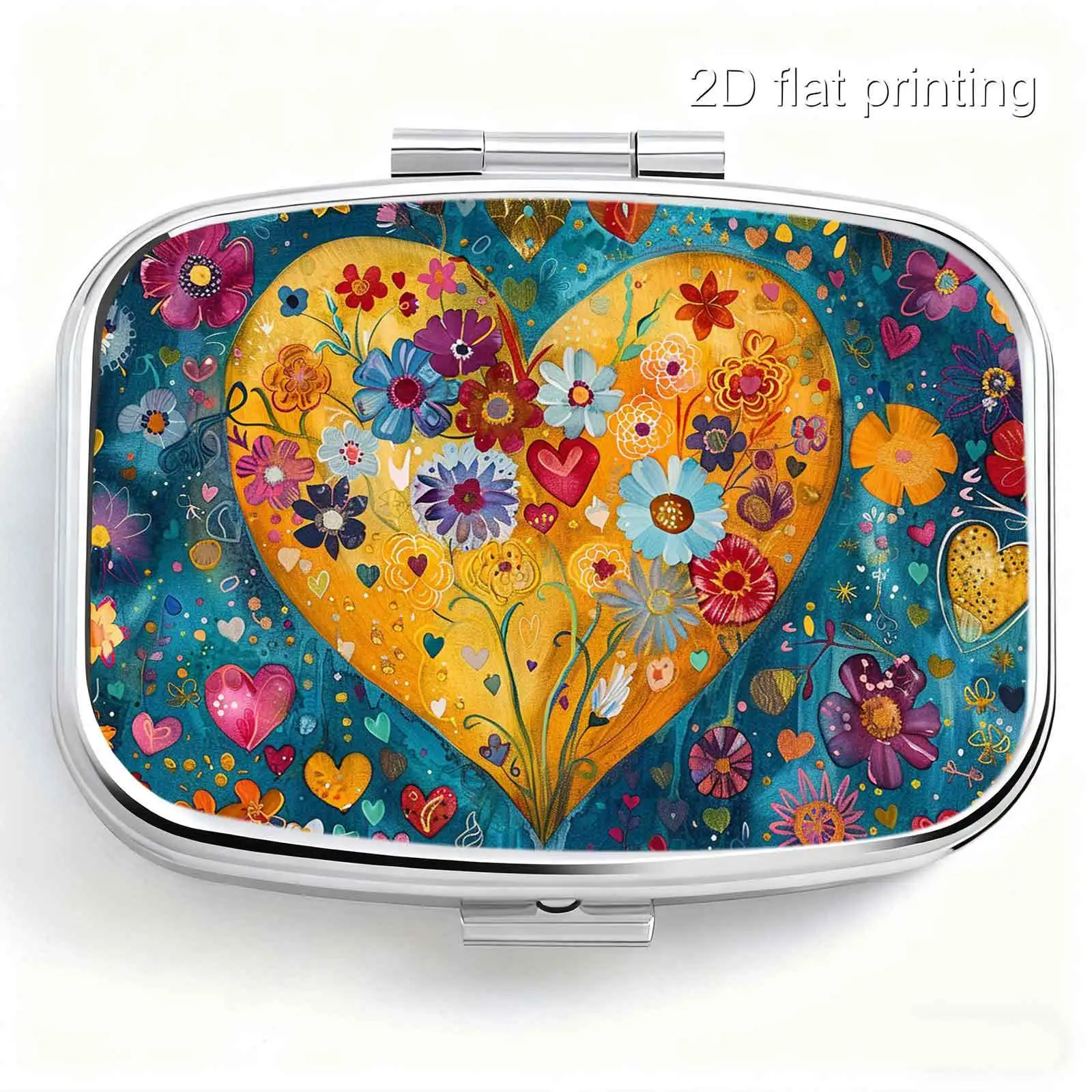 Single-piece, flat, gold heart-shaped, colorful floral pattern, square double-compartment design box, vitamin storage box, elegant and stylish, suitable for gifting to girls, made of durable metal and plastic materials, a great holiday gift