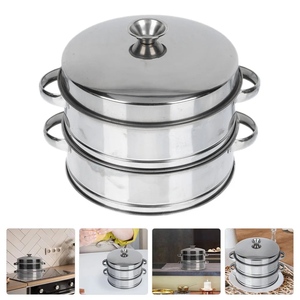

2-Tier Stainless Steel Steamer Basket With Lid For Home Kitchen Buns Food Steamer Multi-Functional Cooking Rack Household