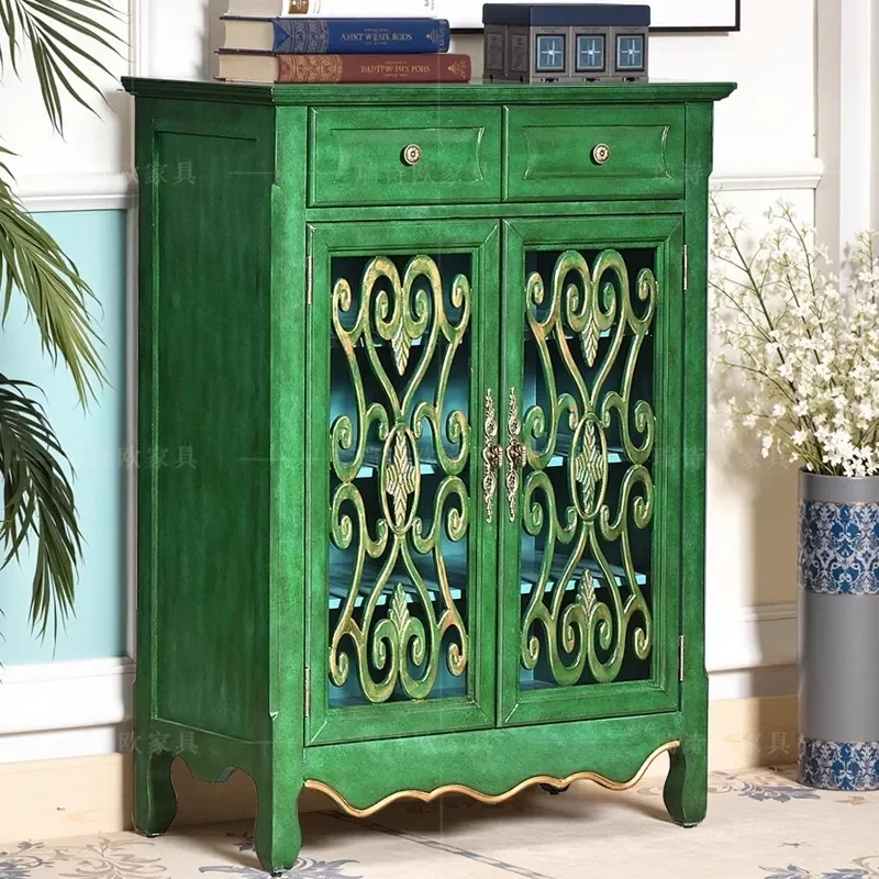 for American Rural Retro Solid Wood Shoe Cabinet Living Room Storage Two Door Entrance Cabinet European Storage Partition