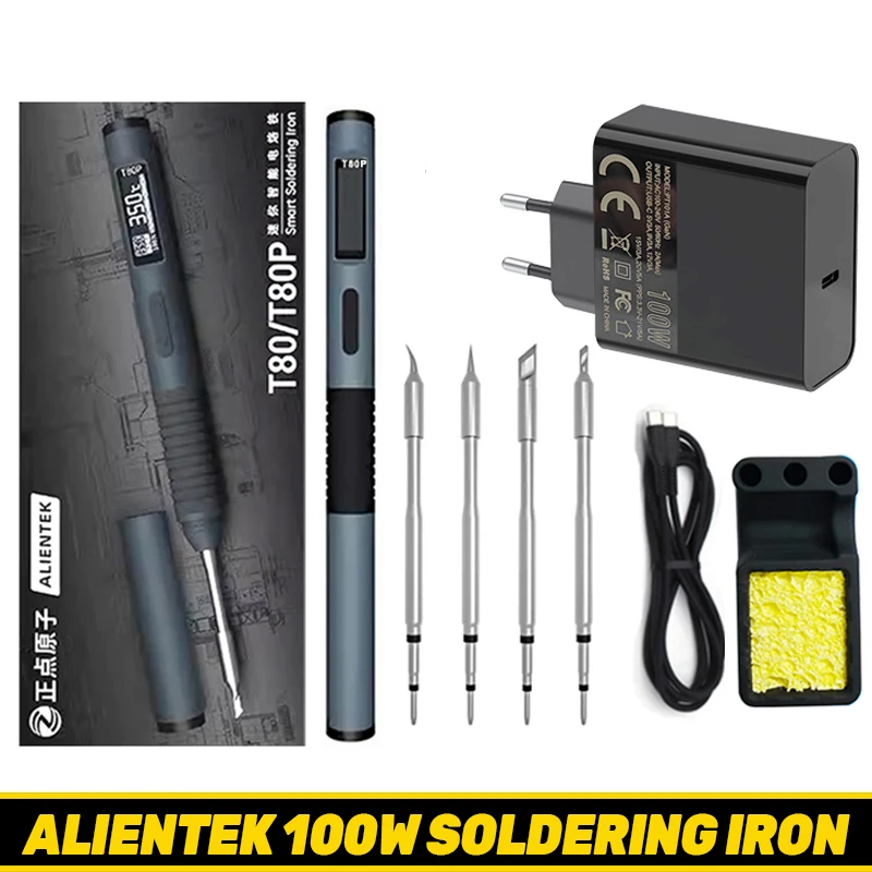 ALIENTEK T80P Elektrischer Lötkolben, 100 W, verstellbare Digitalanzeige, automatischer Schlaf, BGA, Präzisions-Lötkolben-Reparaturwerkzeug
