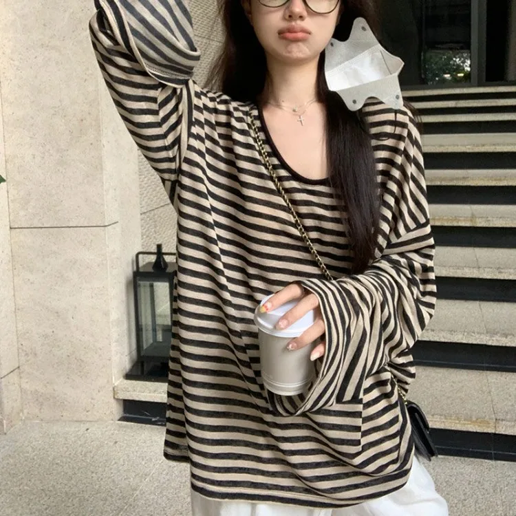 2024 Summer Thin Sun Protection Tops Y2k E-Girl Long Sleeve Loose T-shirt for Women Mid-length Lazy Striped Blusas Mujer