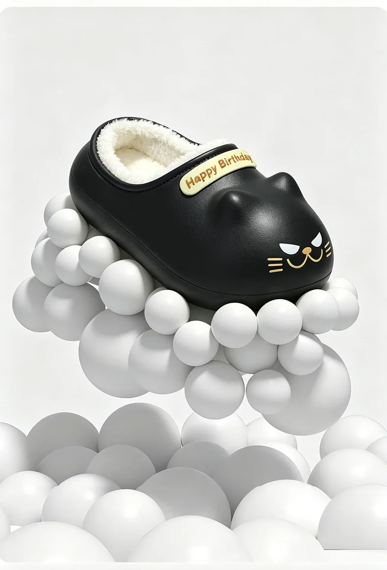 Neue wasserdichte schwarze Kätzchen-Hausschuhe für Damen, niedliche Cartoon-Katzen-Pfoten-Design, Plüschsohlen-Schuhe, Damen-Kätzchen-Mules-Hausschuhe für Geburtstage – Detail 4