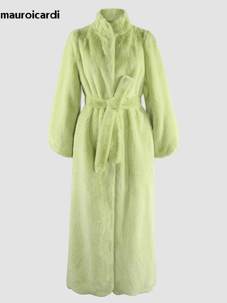 Mauroicardi outono inverno quente macio fofo casaco de pele do falso feminino vieira guarnição faixas gola extra longo casaco peludo 2025