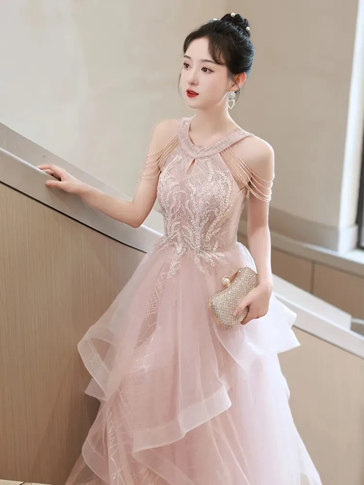 Light Pink Dress Women\'s Clothing Solid Color Patchwork Fringe Applique Sequins Long A-line Skirt Elegant Evening Gown M208