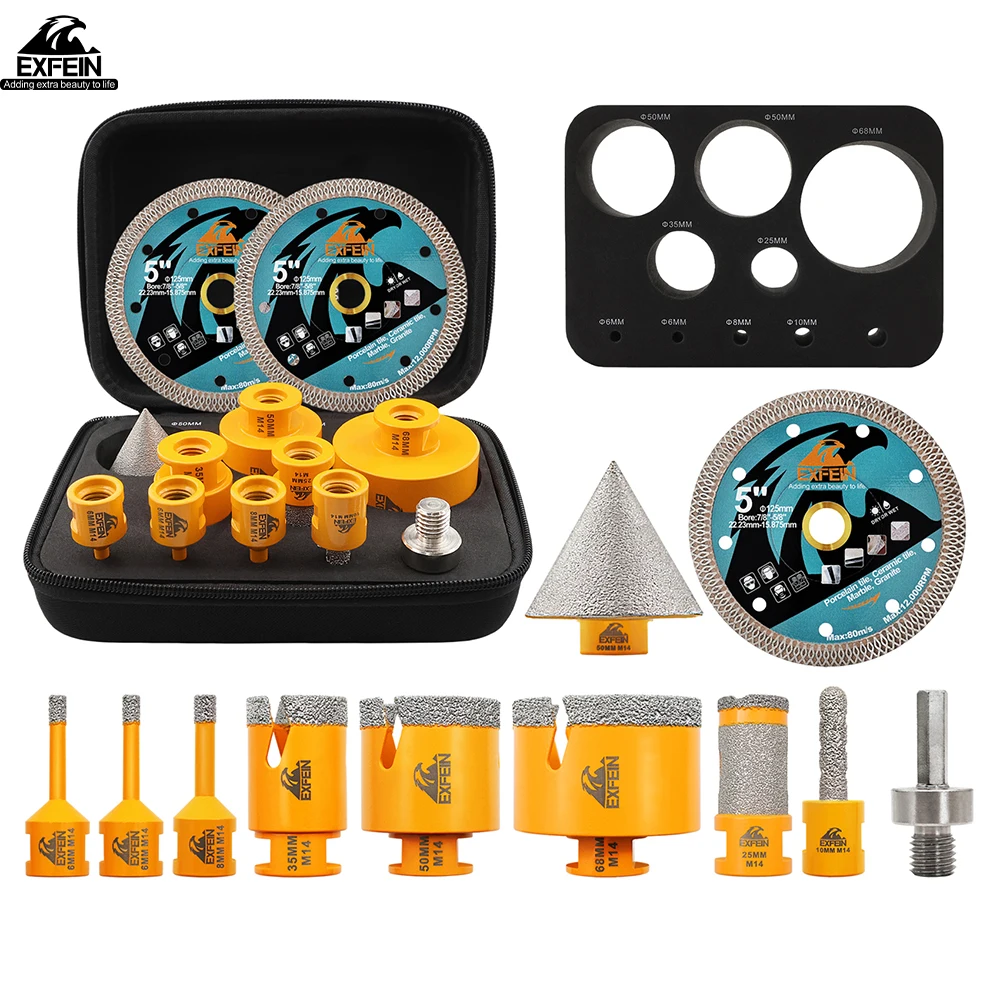 Image of EXFEIN Fliesenbohrer-Set, 12-teilig, 6/6/8/25/35/50/68 mm Bohrer + 10 mm Fingerbohrer + 50 mm Fasenbohrer + Adapter + 2 Stück 125 mm Sägeblatt