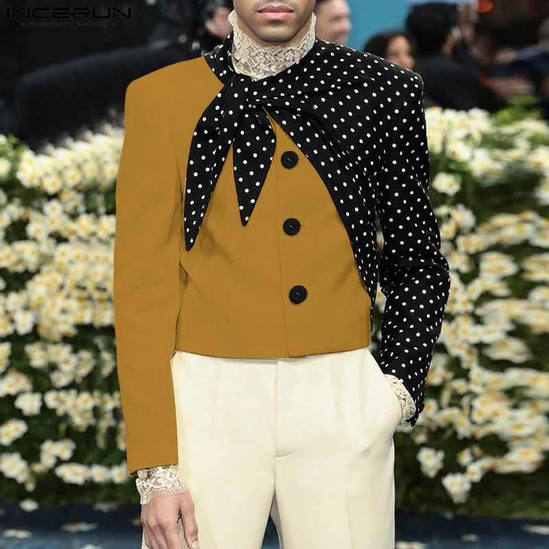 INCERUN Men Blazer Polka Dot Print Patchwork Long Sleeve Button Casual Suit Men Streetwear 2025 Fashion Male Thin Crop Coats