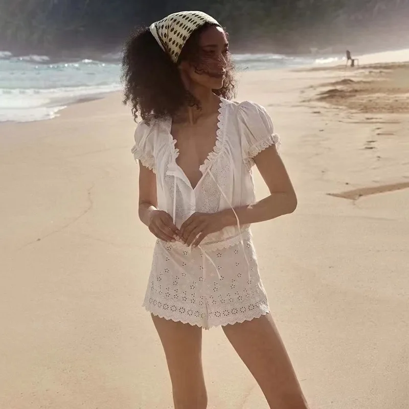 프랑스 스타일 코튼 레이스 트림 셔츠 반바지 세트 여성 패션 봄 여름 통기성 자외선 차단 버블 소매 V넥