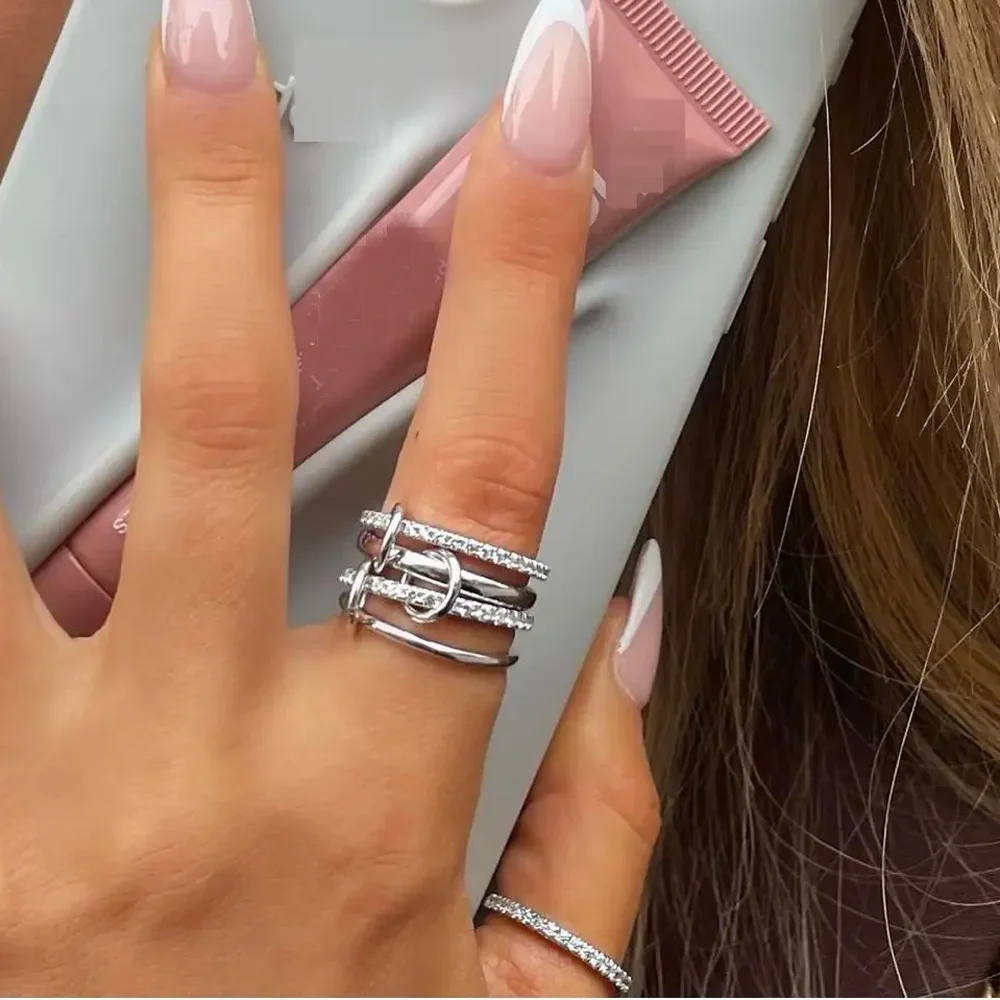 Multiple Designs AAA Zircon Mix Color Link Chain Rings Women Jewlery Designer T Show Club Cocktail Party Rare Japan Korean INS