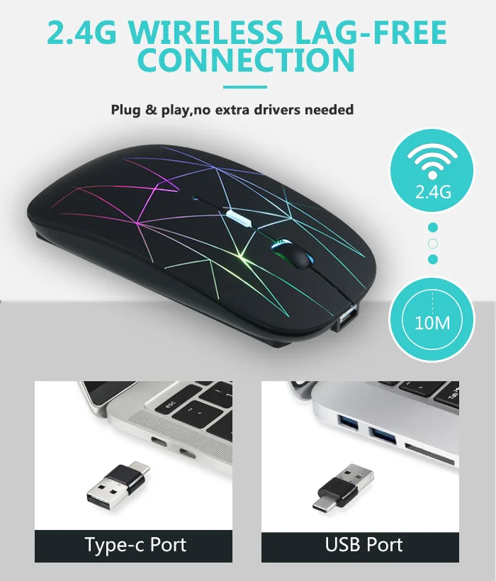 Rechargeable LED Wireless Mouse 2.4G 2-in-1 USB/Type-C Receiver 3 Adjustable DPI for Computers Laptops PC Notebook