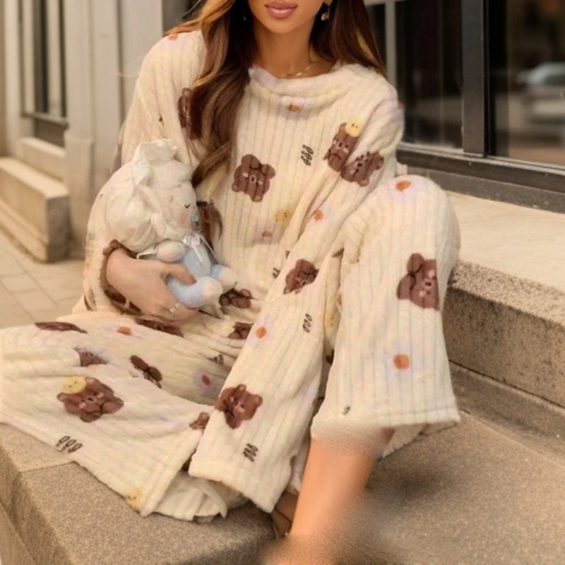 Women\'s Pajamas Set Winter Sleepwear O-neck Loose Long Sleeve Top Elastic Waist Leg Pant Sets Trousers Plus Size Matching Sets