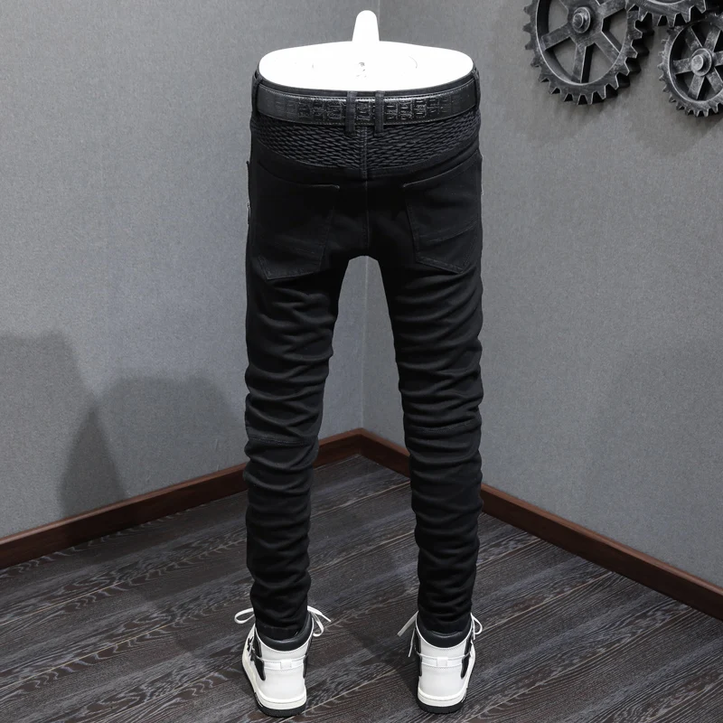 High Street Fashion Men Jeans Black Elastic Stretch Skinny Fit Ripped Jeans Men Zipper Designer Hip Hop Denim Punk Pants Hombre