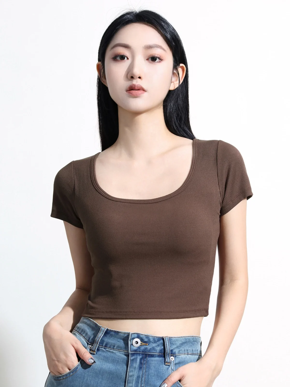 

Jolan Summer 2023 New Square Collar round Collar ort T-irt Versatile Chest Pad T825 Commute Sle Slim Fit Color