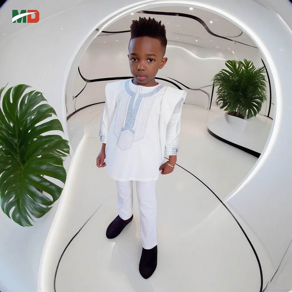 

MD Premium Boys' African Embroidered White Top and Trousers 3PCS Set Perfect for Eid Church Gathering and Special Family Parties