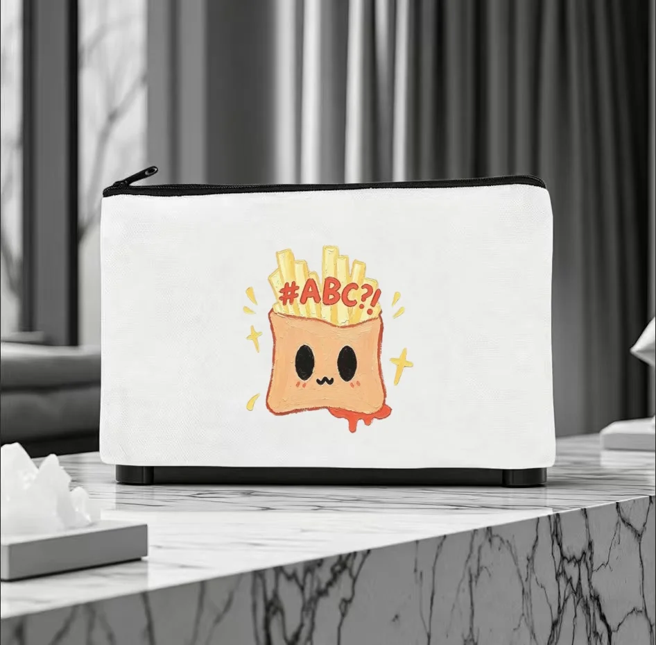 1PC Kawaii Oil Painting French Fries Face Funny Text Print Makeup Bag Double Sided Canvas Daily Storage Organizer
