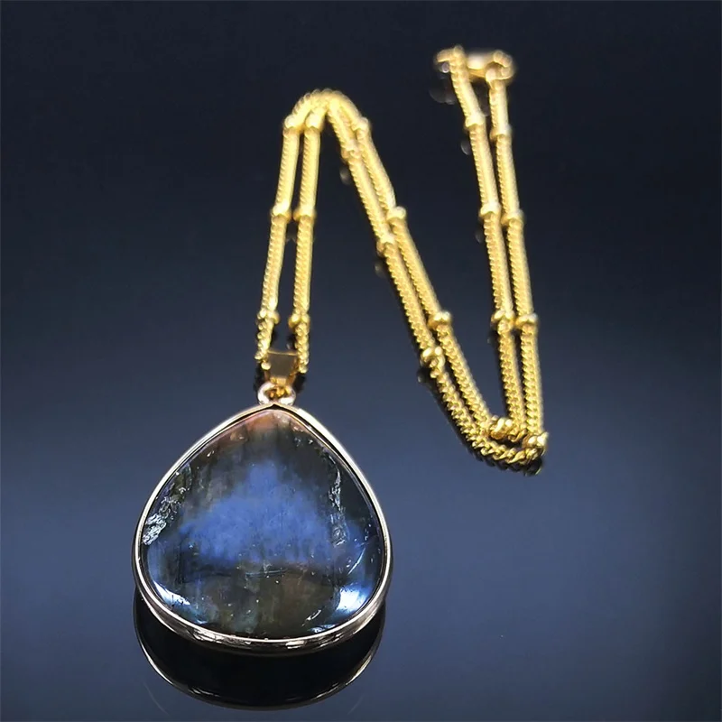 Boho Blue Labradorite Palm Necklace Water Drop Natural Healing Gem Stones Pendant Necklaces Reiki Moonstone Energy Jewelry NHH31
