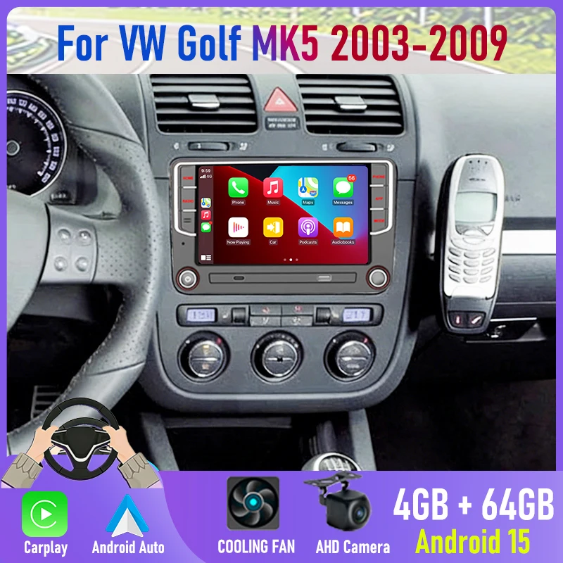 

2DIN Android 15 Car Radio for VW Golf MK5 2003-2009 with GPS Navi Apple Carplay Bluetooth FM Stereo Camera Wireless Connectivity