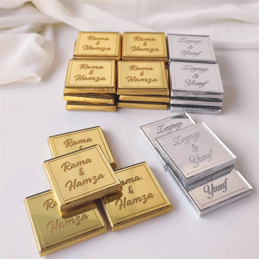 20/50/100Pcs Personalized Mirror Square Tag For Chocolate Cupcake Charms Engraved Wedding Name Baptism Birthday Party Decoration