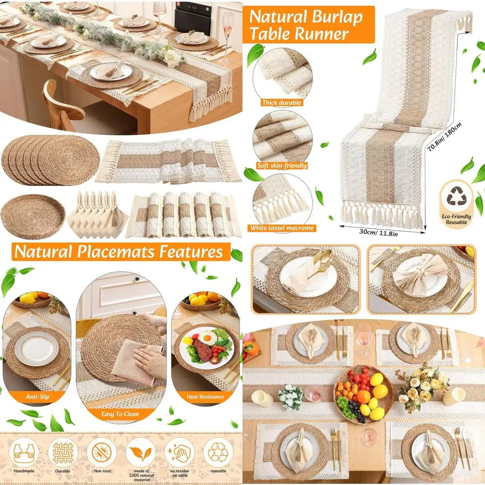 

6-Piece Bohemian Placemat Set: Round Woven, Rectangular Boho, Wooden Bead Rings, Cloth Napkins, Long Table Runner, Storage Baske