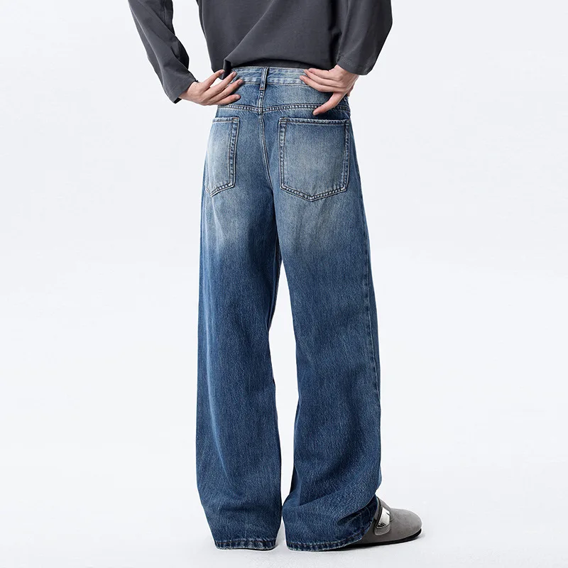 【Mirrordust】Celana Jeans Biru Vintage untuk Pria, Gaya High Street Amerika Musim Gugur, Celana Panjang Sederhana, Celana Lurus Kelas Atas Serbaguna