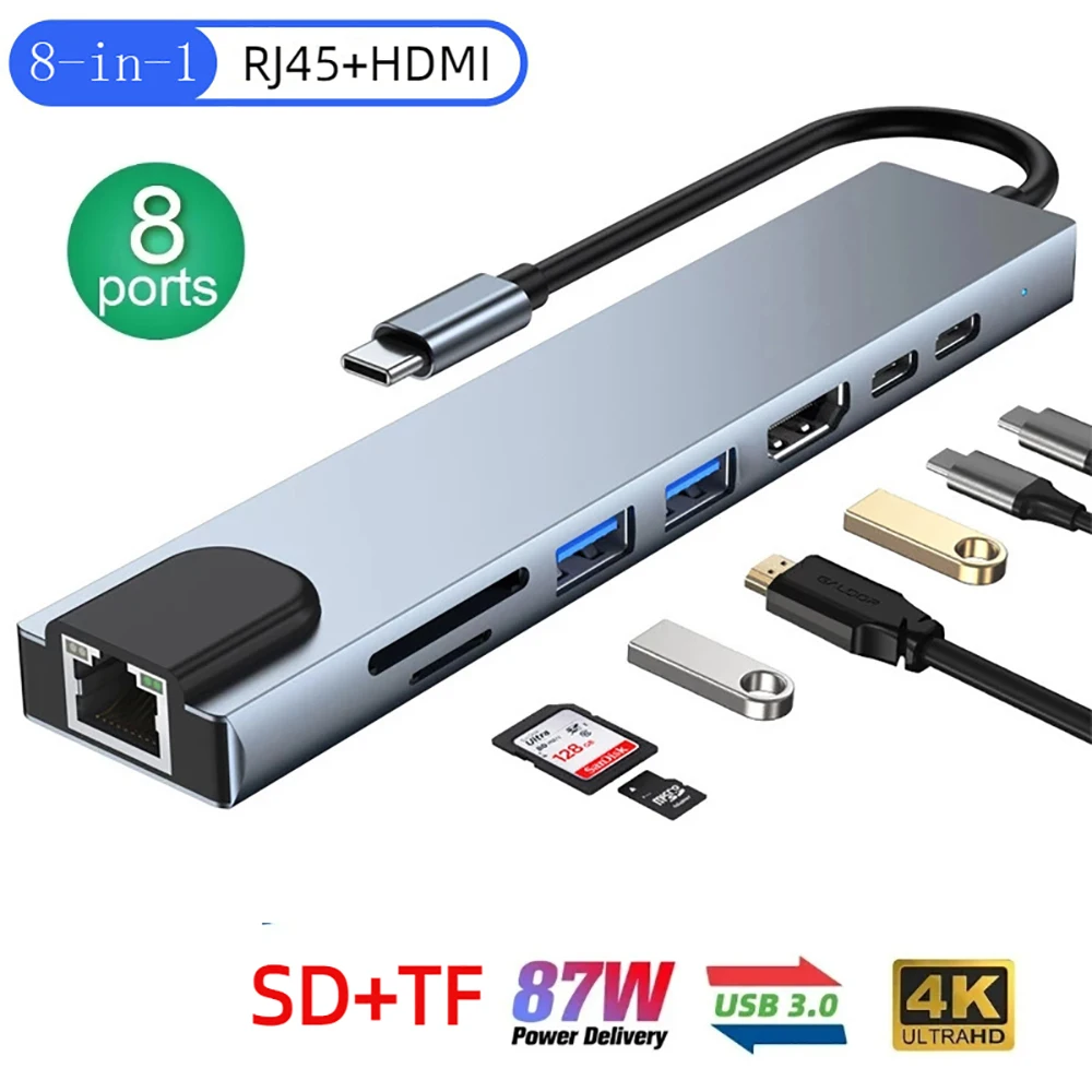 USB C HUB 3.0 USB Splitter 8 in 1 Type C to HDMI RJ45 PD 87W Adapter USB 3.0 HUB With SD TF Card Read 3 Hab For Macbook Air iPad