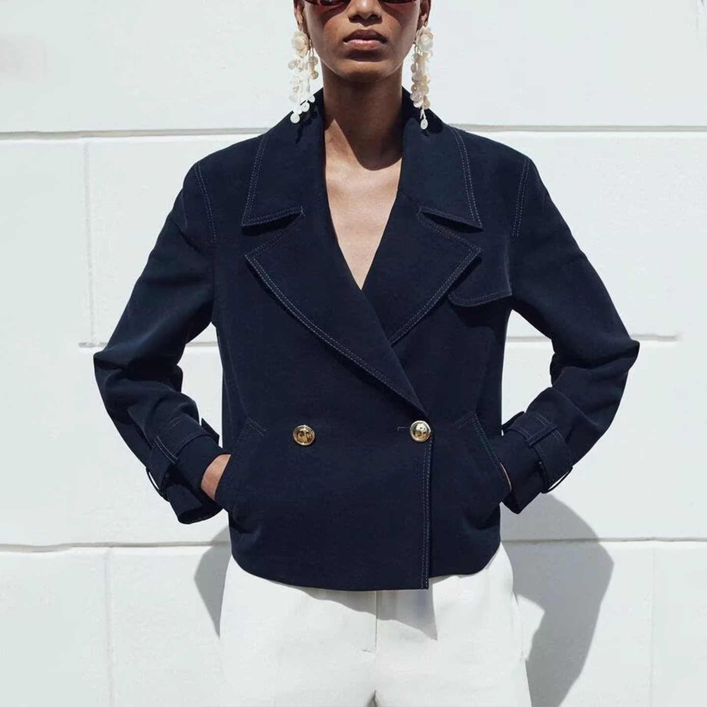 Z 여성 패션 자켓 2025 가을 출퇴근용 더블 브레스티드 스탠드 핏 캐주얼 슬레 엘레 퀄리 아우터웨어