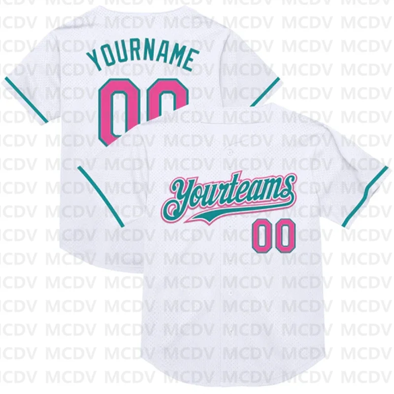 Custom White Pink-Teal Throwback Baseball Jersey 3D Printed Casual Team Shirts Unisex Tops